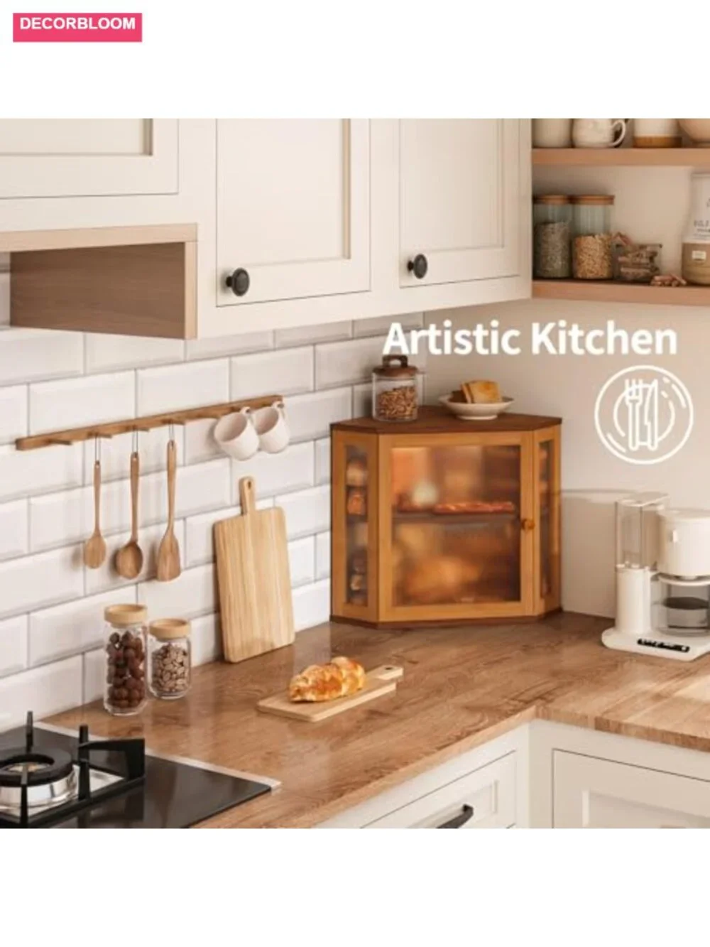 Bamboo Corner Bread Box, Double Layer Kitchen Countertop Storage with Acrylic